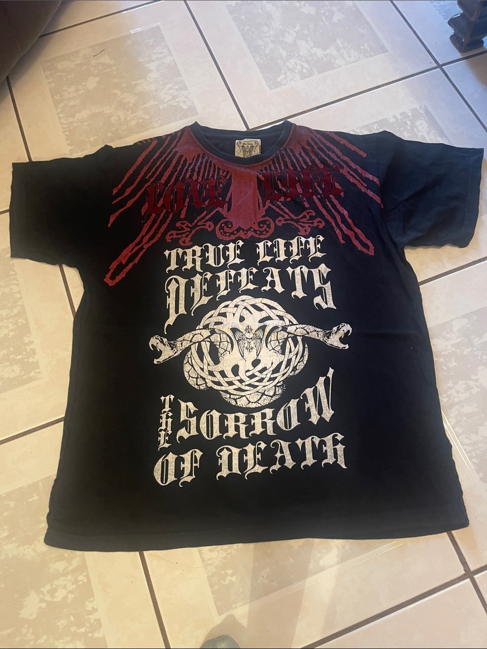 Black Tee with Red Wing Graphic and White Gothic Crest